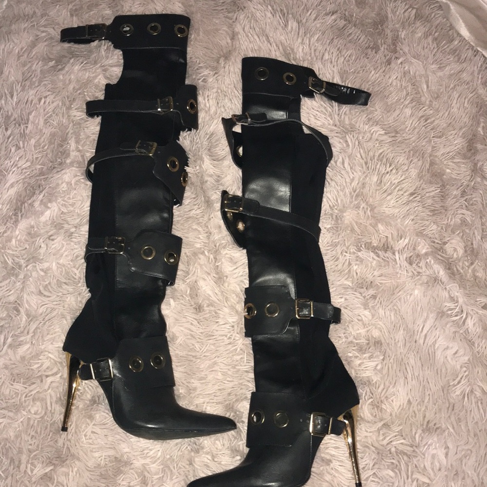 Thigh high boots with gold hardware